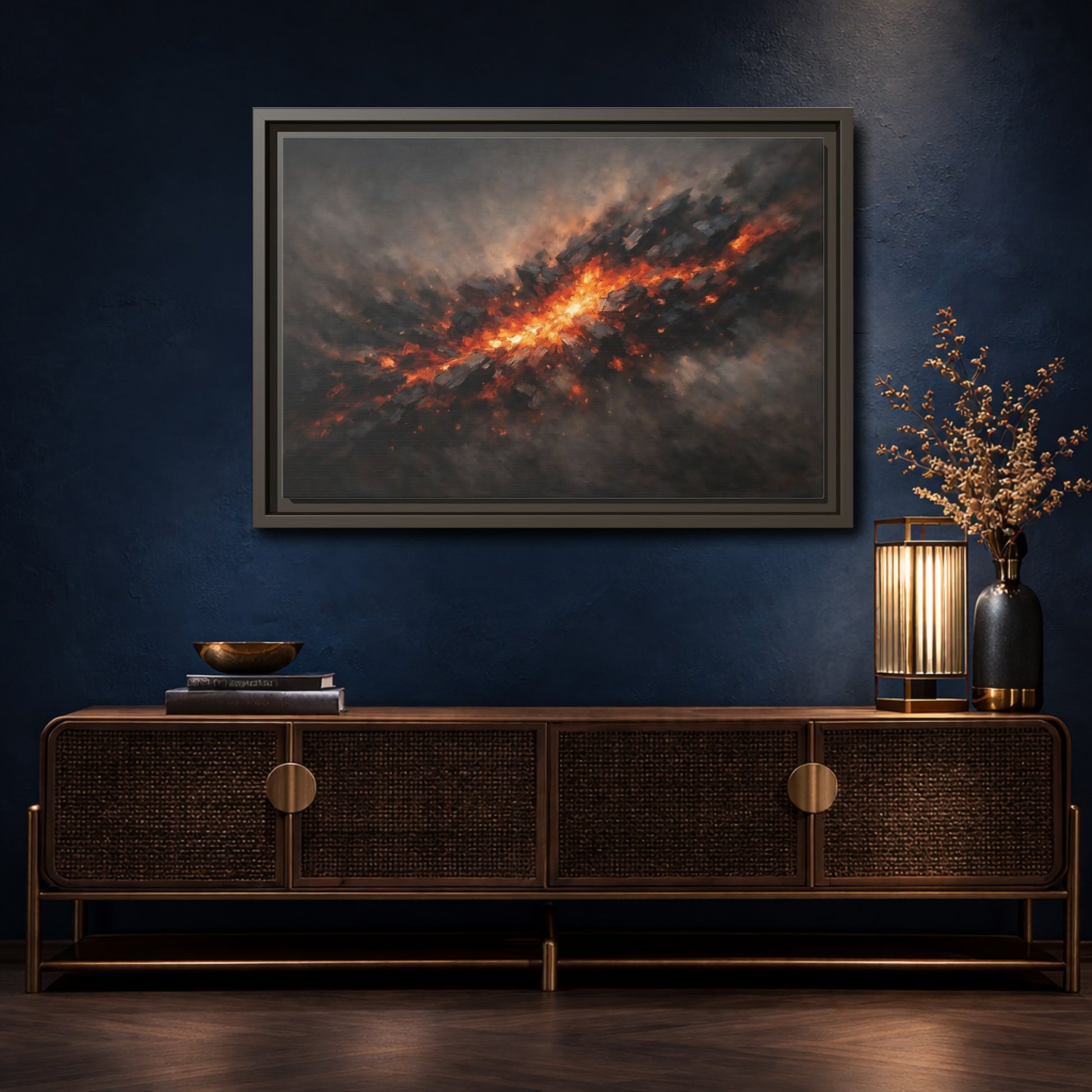 Mockup 4. Nature Molten Rock Orange And Black shown as stretched canvas wall art