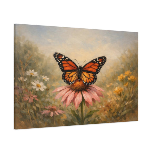 Main Mockup. Nature Monarch Butterfly Orange Butterfly Pink Flower shown as stretched canvas wall art