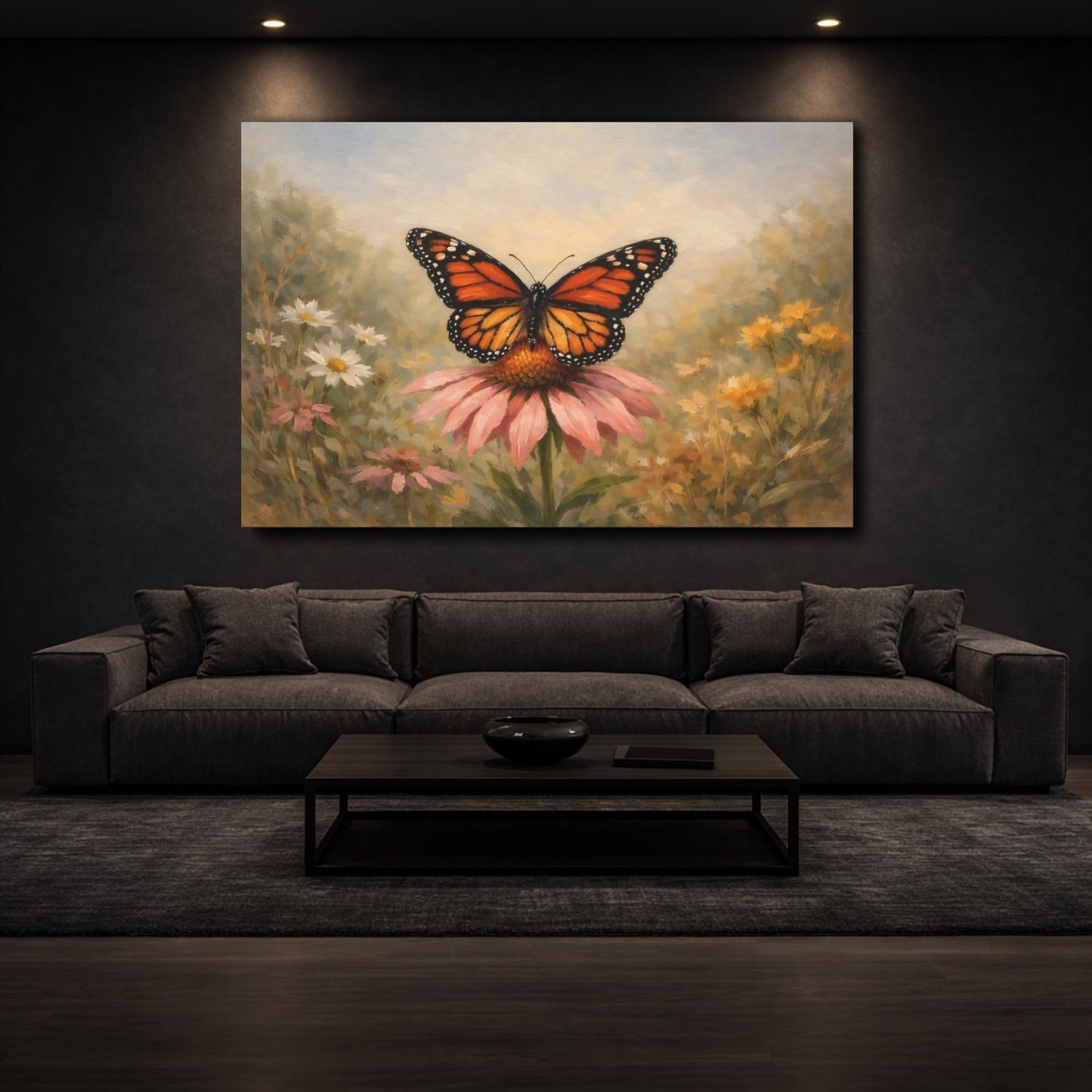 Mockup 2. Nature Monarch Butterfly Orange Butterfly Pink Flower shown as stretched canvas wall art