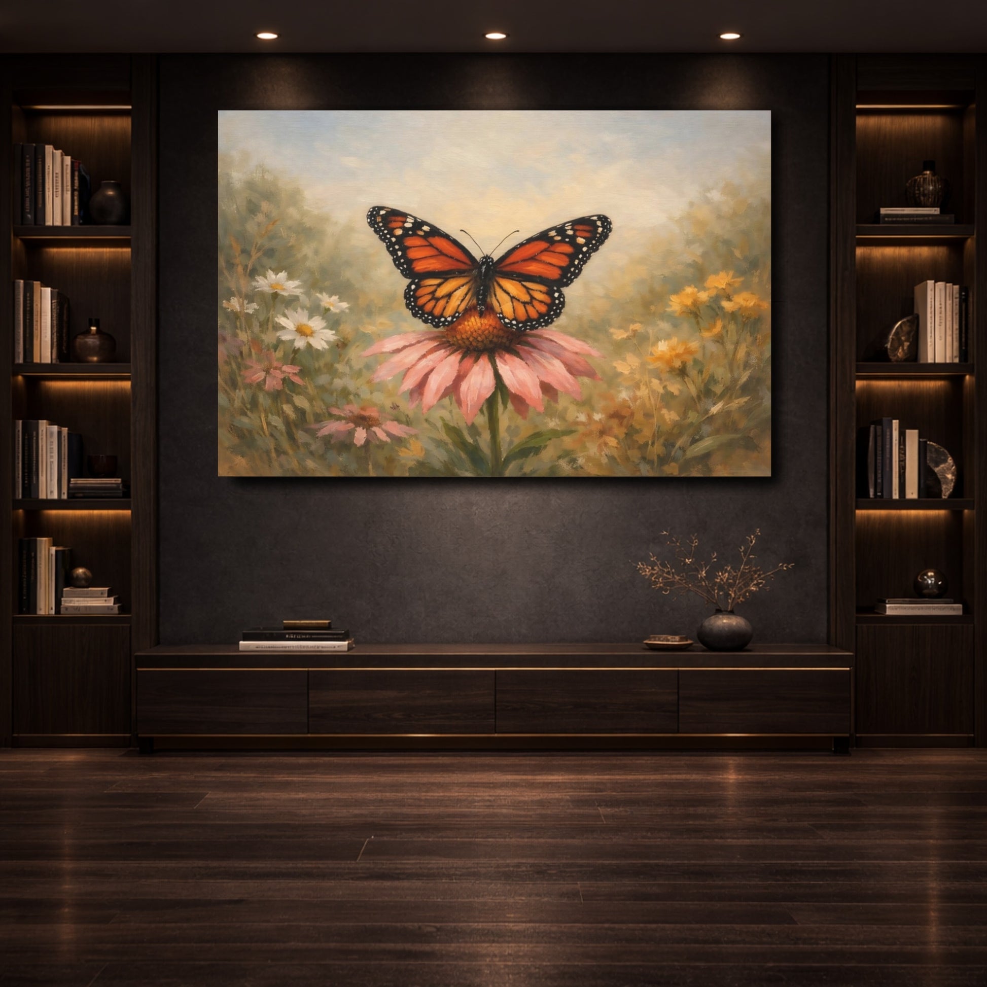 Mockup 3. Nature Monarch Butterfly Orange Butterfly Pink Flower shown as stretched canvas wall art