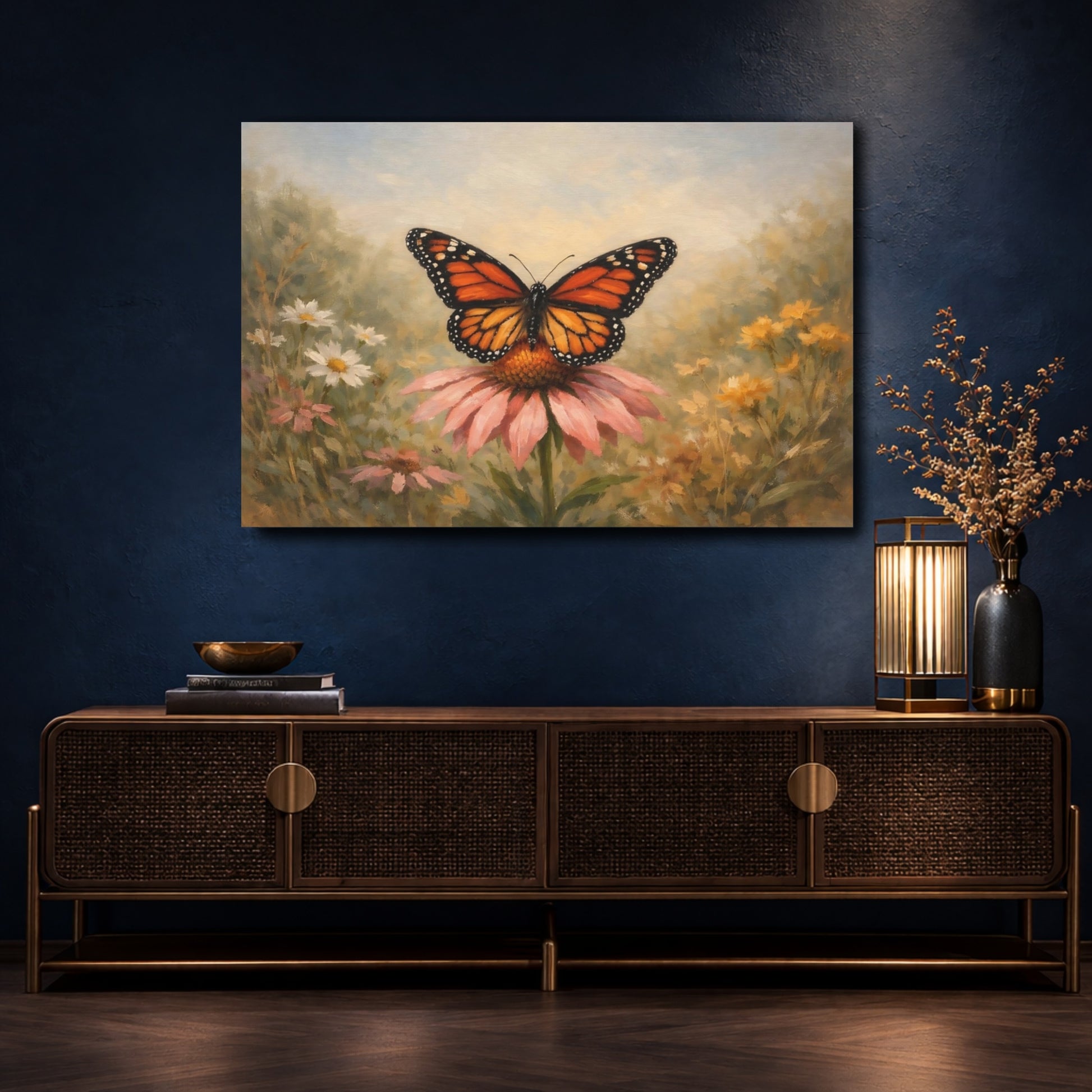 Mockup 4. Nature Monarch Butterfly Orange Butterfly Pink Flower shown as stretched canvas wall art