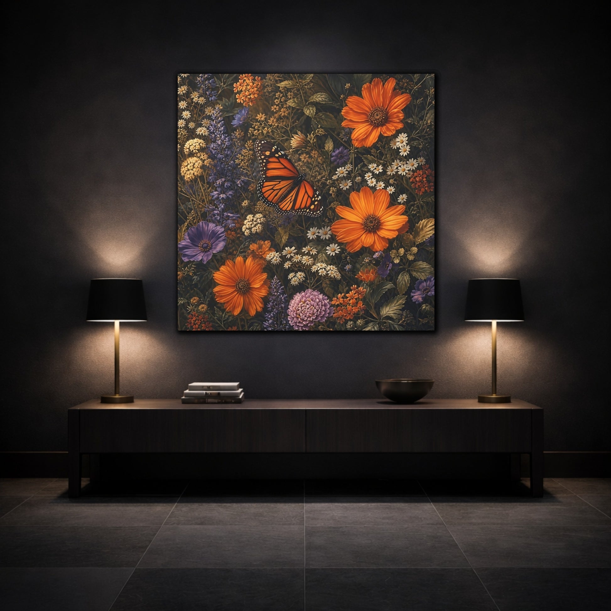 Mockup 3. Nature Monarch Butterfly Orange Butterfly shown as stretched canvas wall art