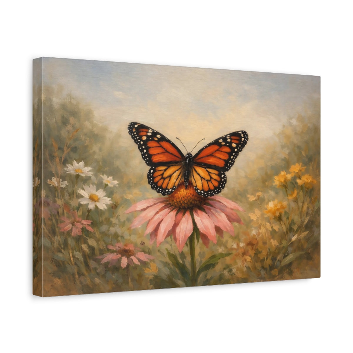 Side Mockup 4. Nature Monarch Butterfly Orange Butterfly Pink Flower shown as stretched canvas wall art