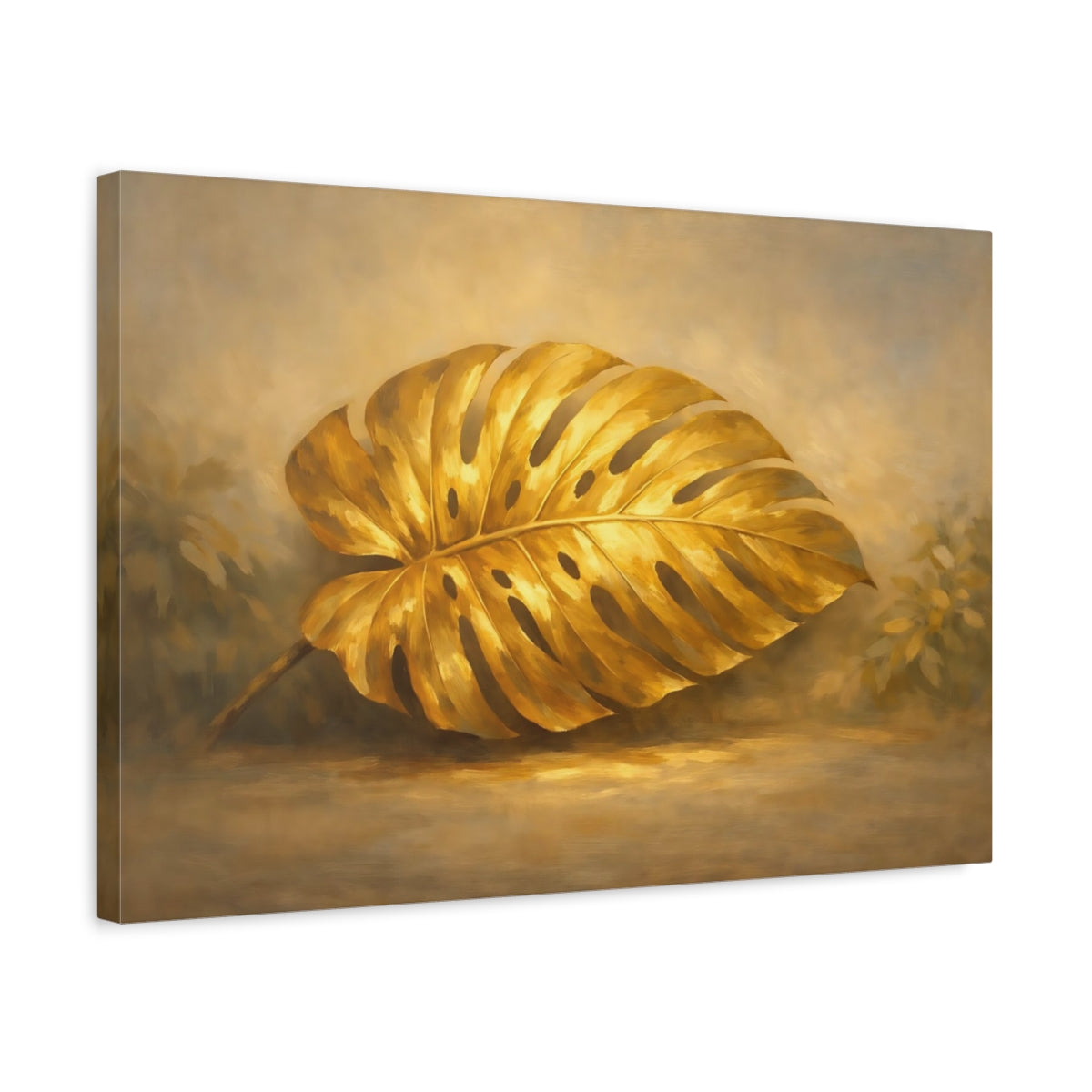 Side Mockup 3. Nature Monstera Leaf Gold Monstera shown as stretched canvas wall art