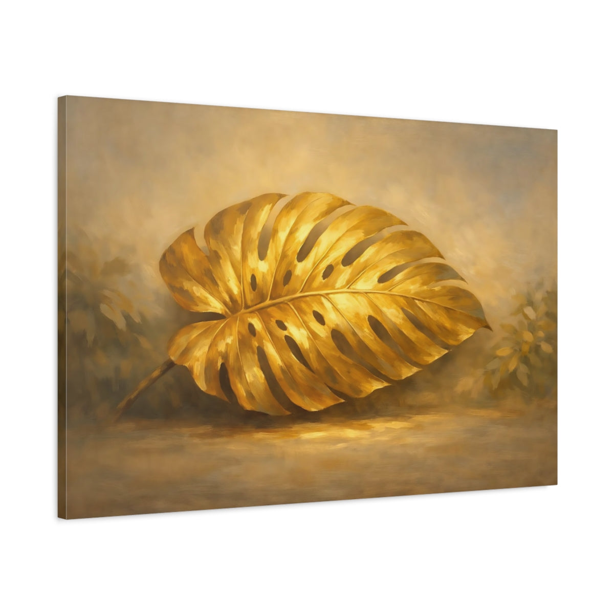 Side Mockup 1. Nature Monstera Leaf Gold Monstera shown as stretched canvas wall art