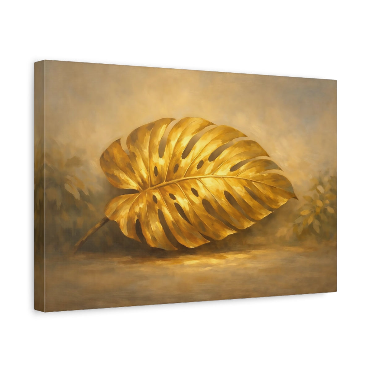 Side Mockup 4. Nature Monstera Leaf Gold Monstera shown as stretched canvas wall art