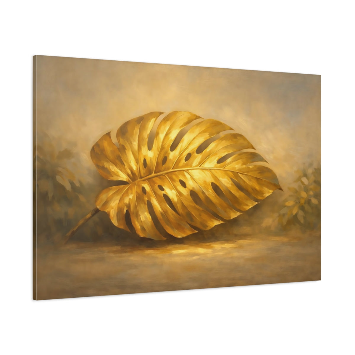 Main Mockup. Nature Monstera Leaf Gold Monstera shown as stretched canvas wall art