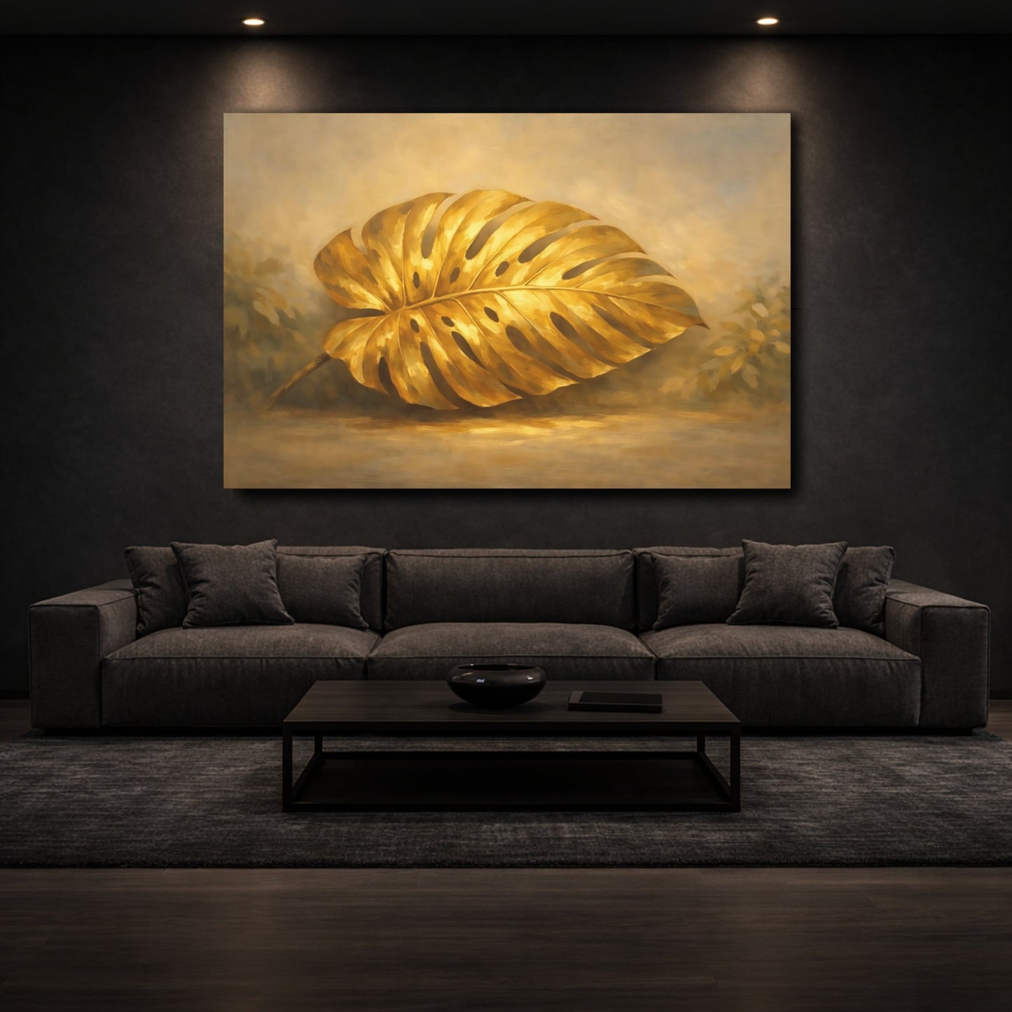 Mockup 2. Nature Monstera Leaf Gold Monstera shown as stretched canvas wall art