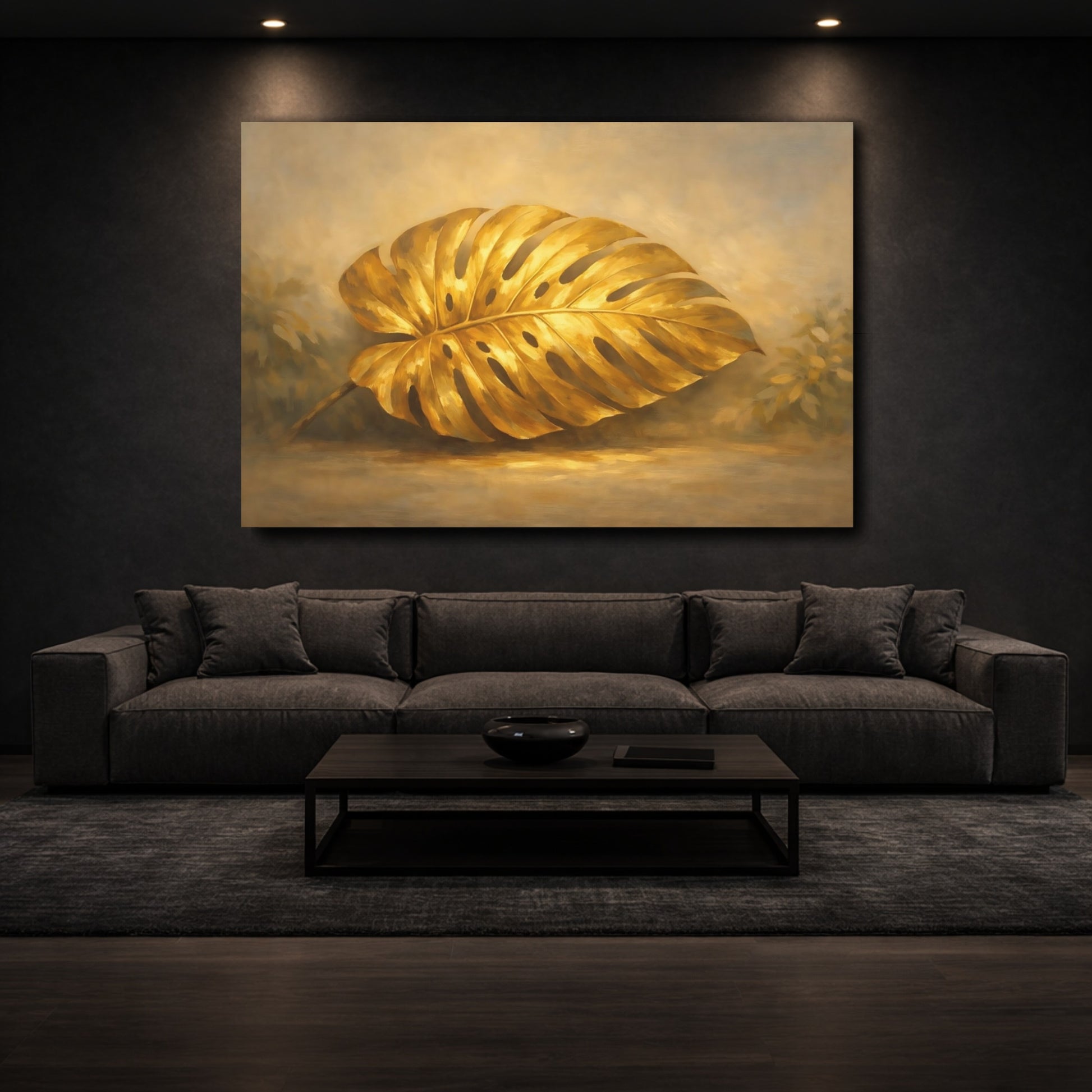 Mockup 2. Nature Monstera Leaf Gold Monstera shown as stretched canvas wall art