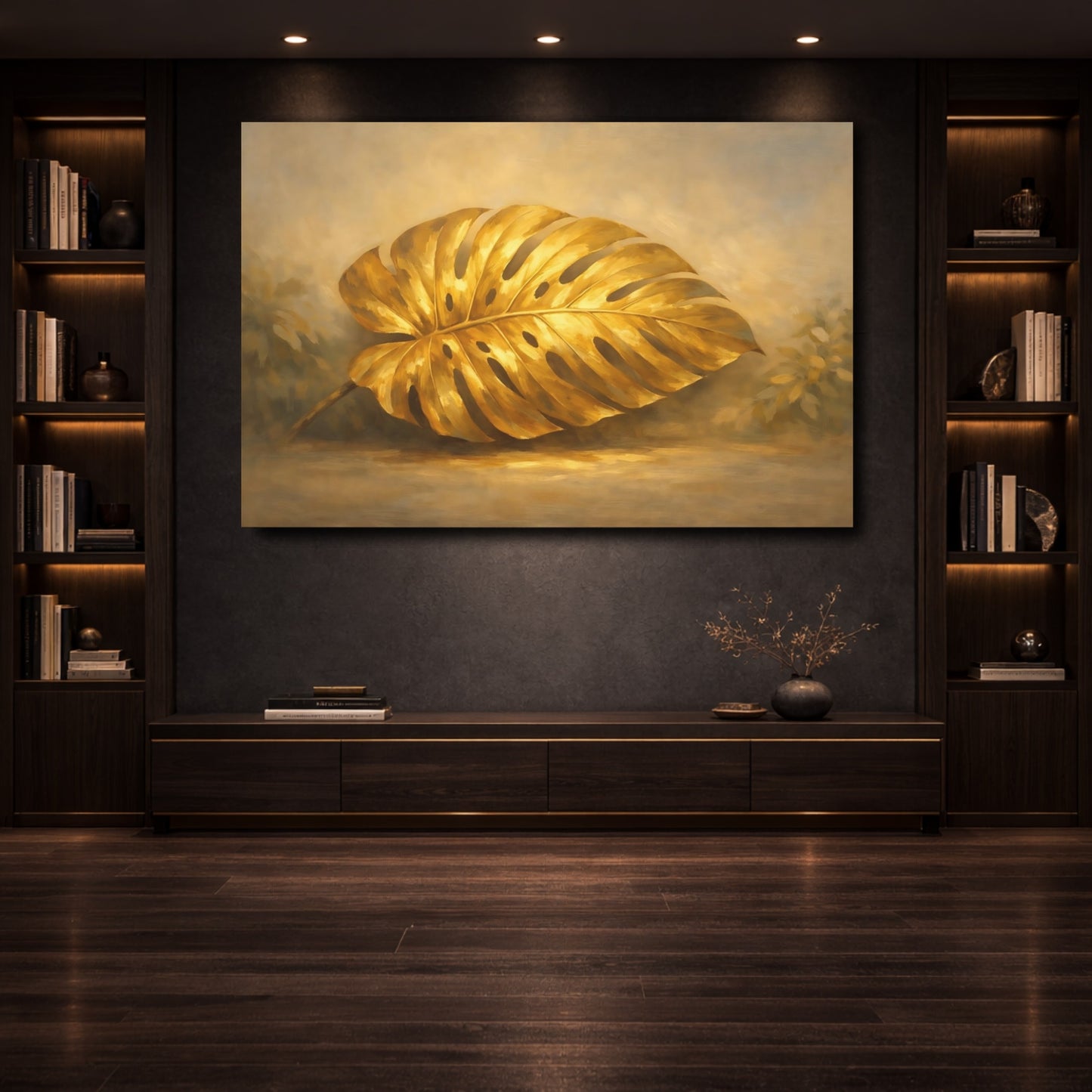 Mockup 3. Nature Monstera Leaf Gold Monstera shown as stretched canvas wall art