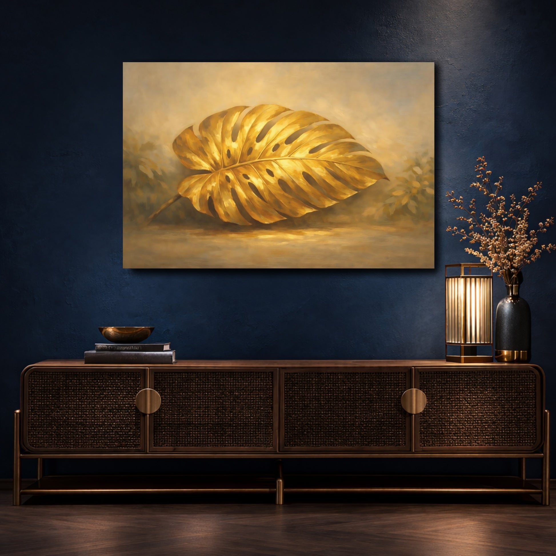 Mockup 4. Nature Monstera Leaf Gold Monstera shown as stretched canvas wall art