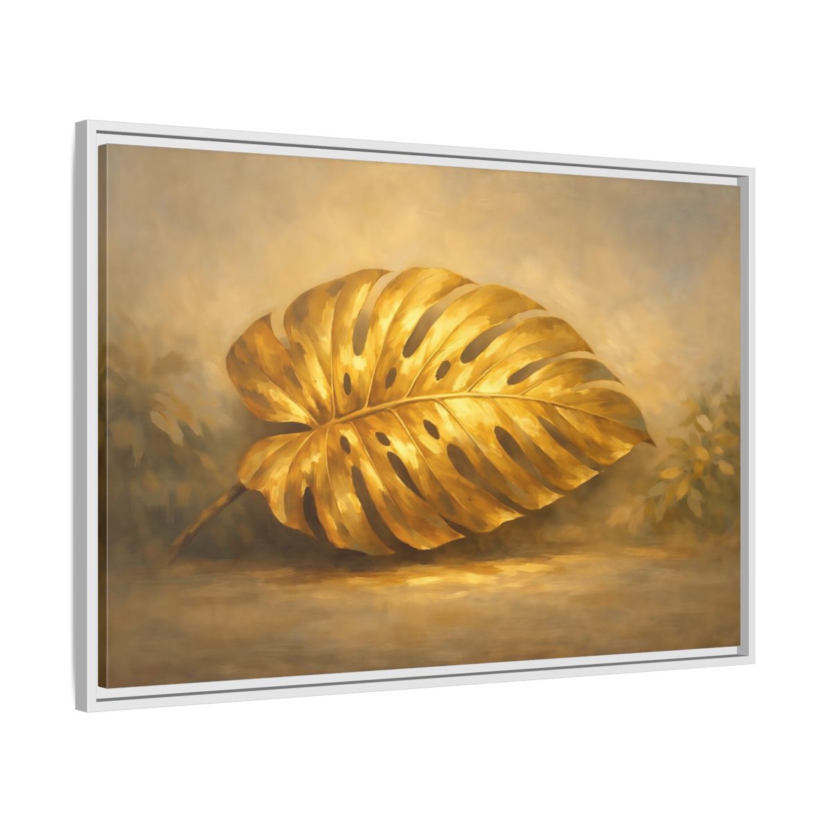 Side Mockup 8. Nature Monstera Leaf Golden Monstera shown as stretched canvas wall art