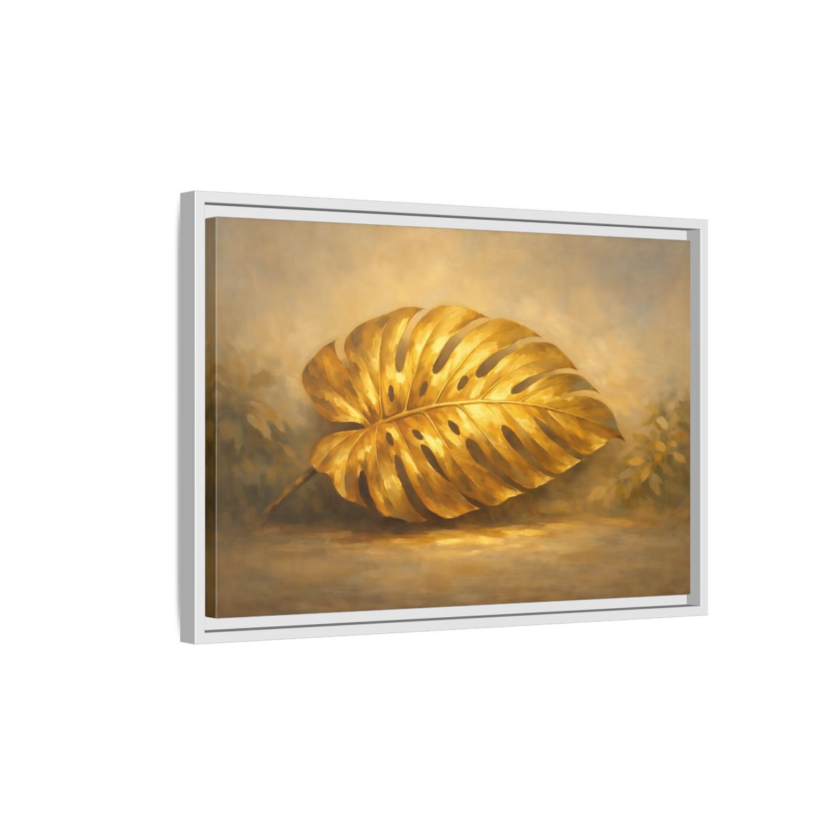 Side Mockup 1. Nature Monstera Leaf Golden Monstera shown as stretched canvas wall art