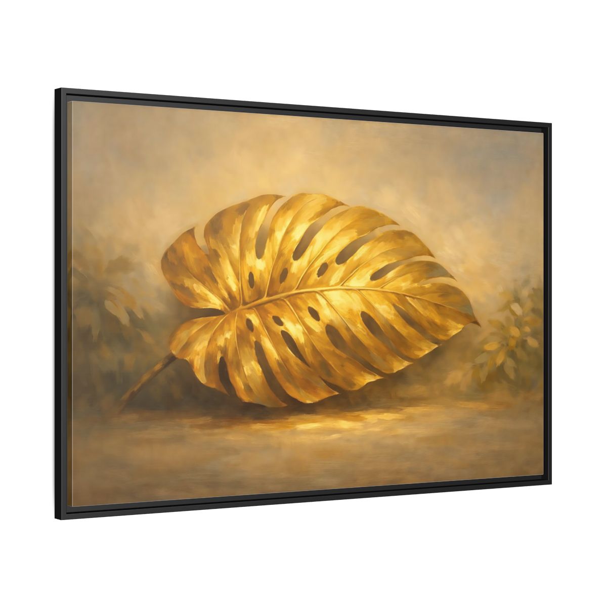 Side Mockup 12. Nature Monstera Leaf Golden Monstera shown as stretched canvas wall art