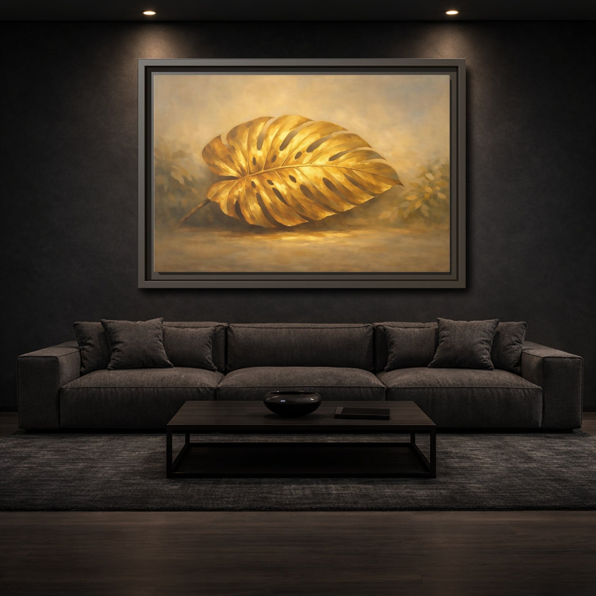Golden Monstera Leaf Framed Canvas Wall Art
