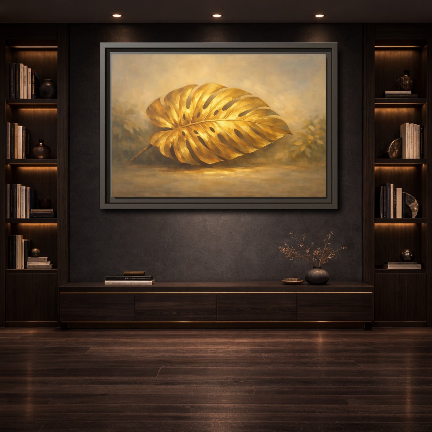 Mockup 3. Nature Monstera Leaf Golden Monstera shown as stretched canvas wall art
