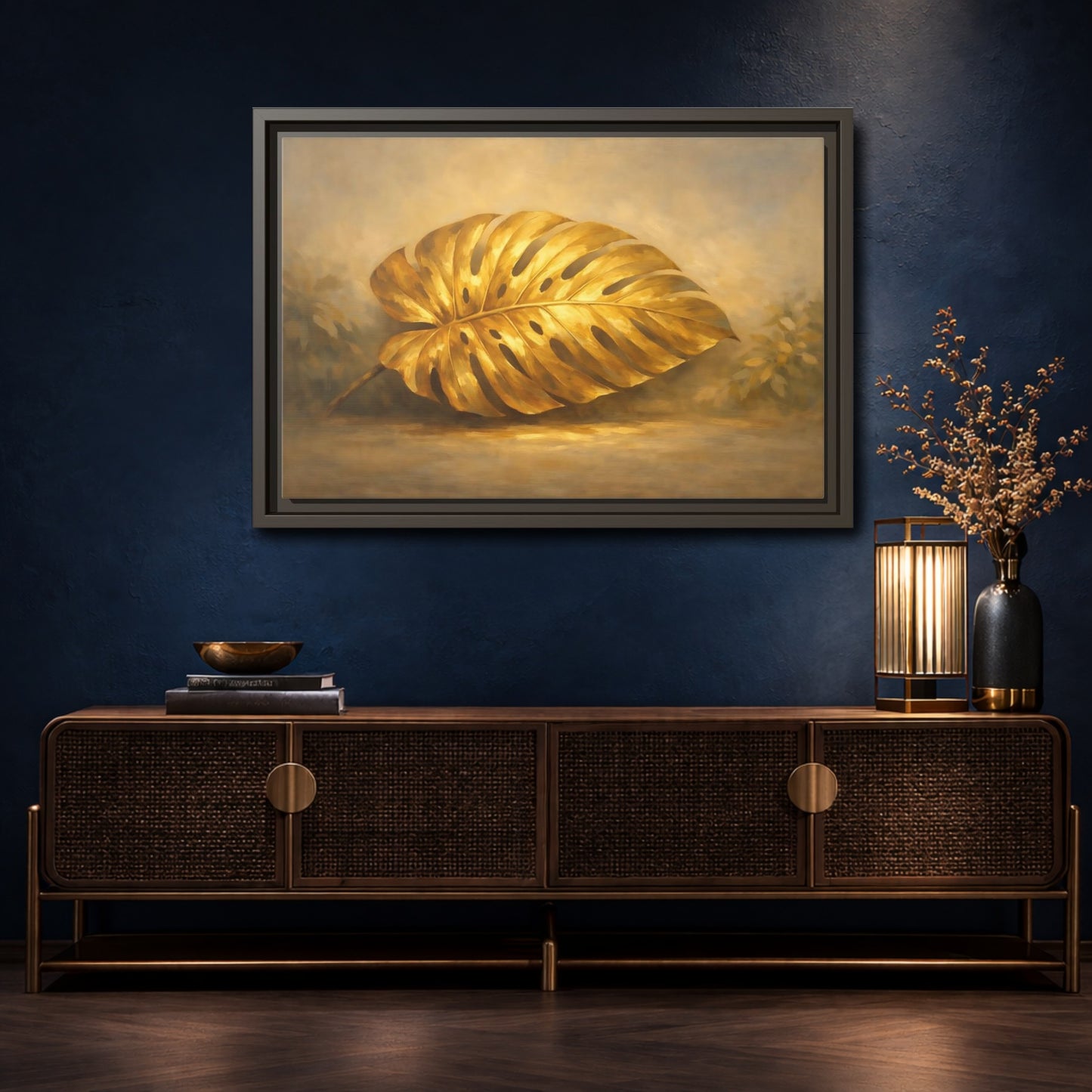 Mockup 4. Nature Monstera Leaf Golden Monstera shown as stretched canvas wall art
