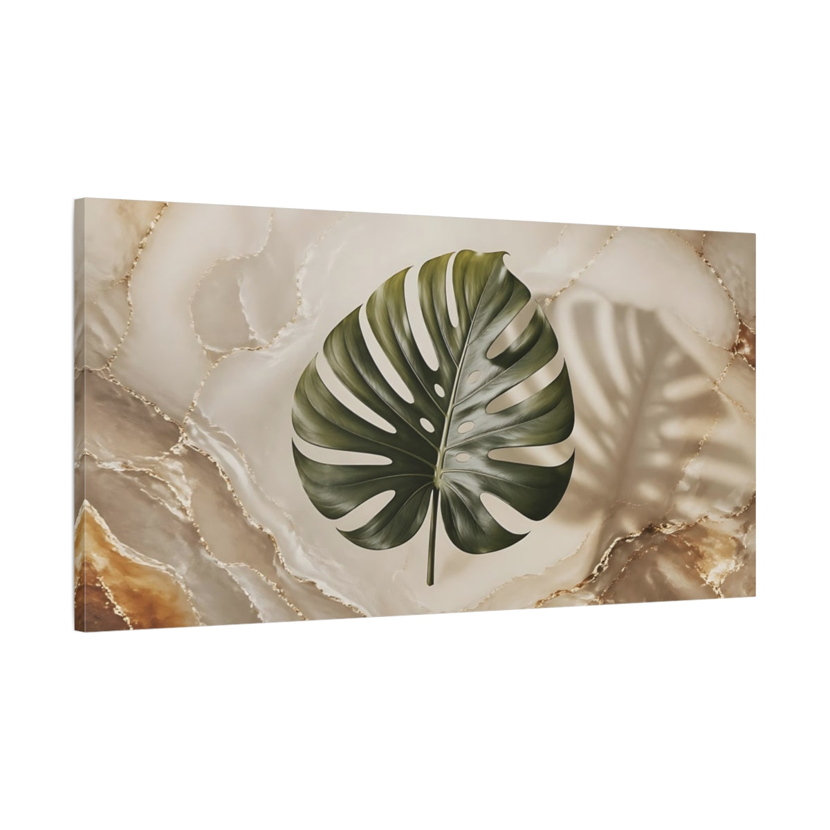 Main Mockup. Nature Monstera Leaf Green Gold Marble shown as stretched canvas wall art