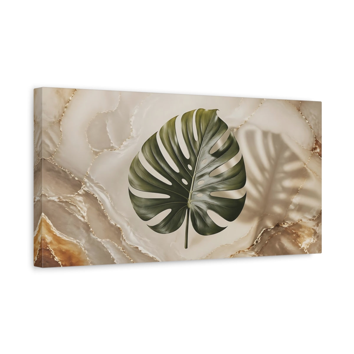 Side Mockup 3. Nature Monstera Leaf Green Gold Marble shown as stretched canvas wall art