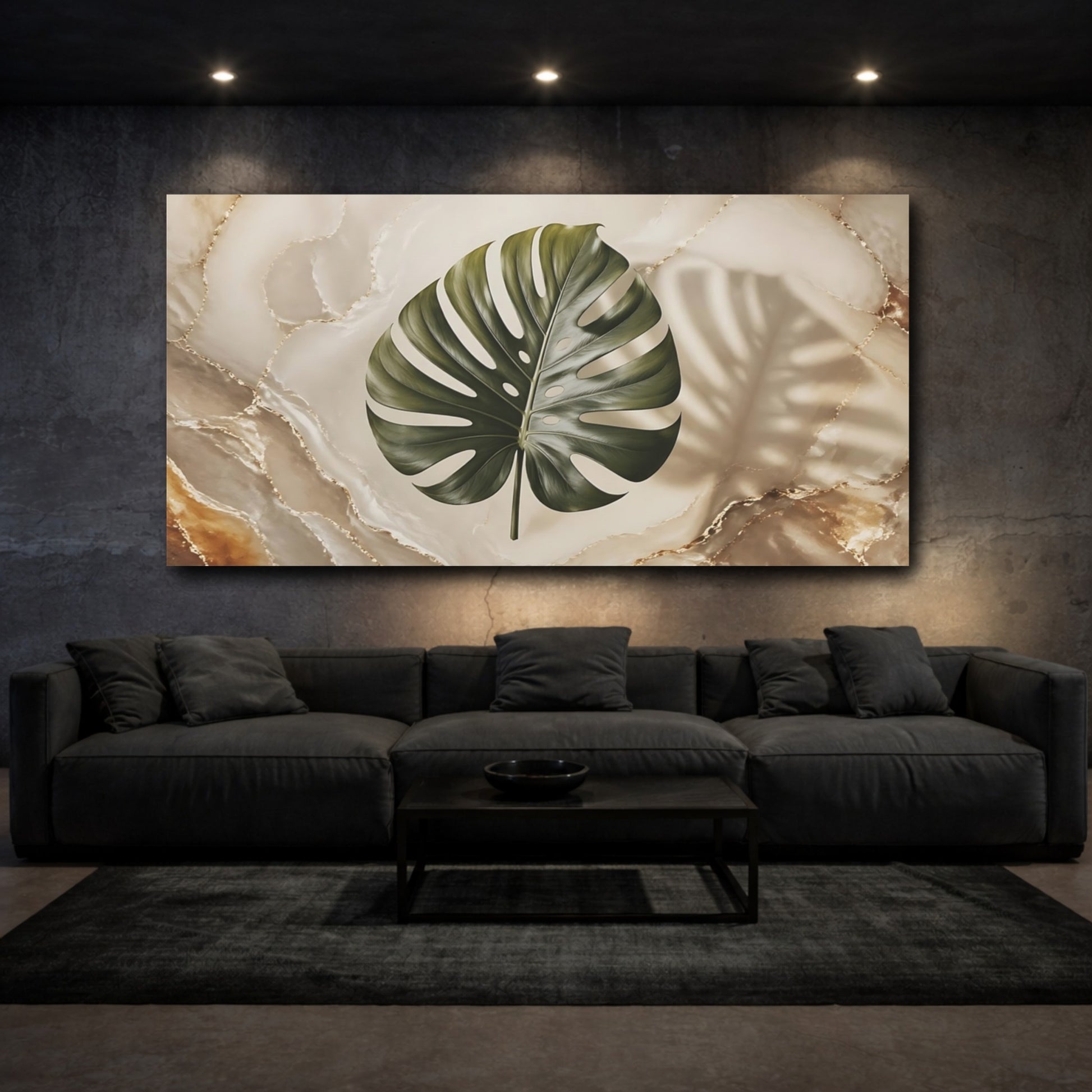 Mockup 2. Nature Monstera Leaf Green Gold Marble shown as stretched canvas wall art