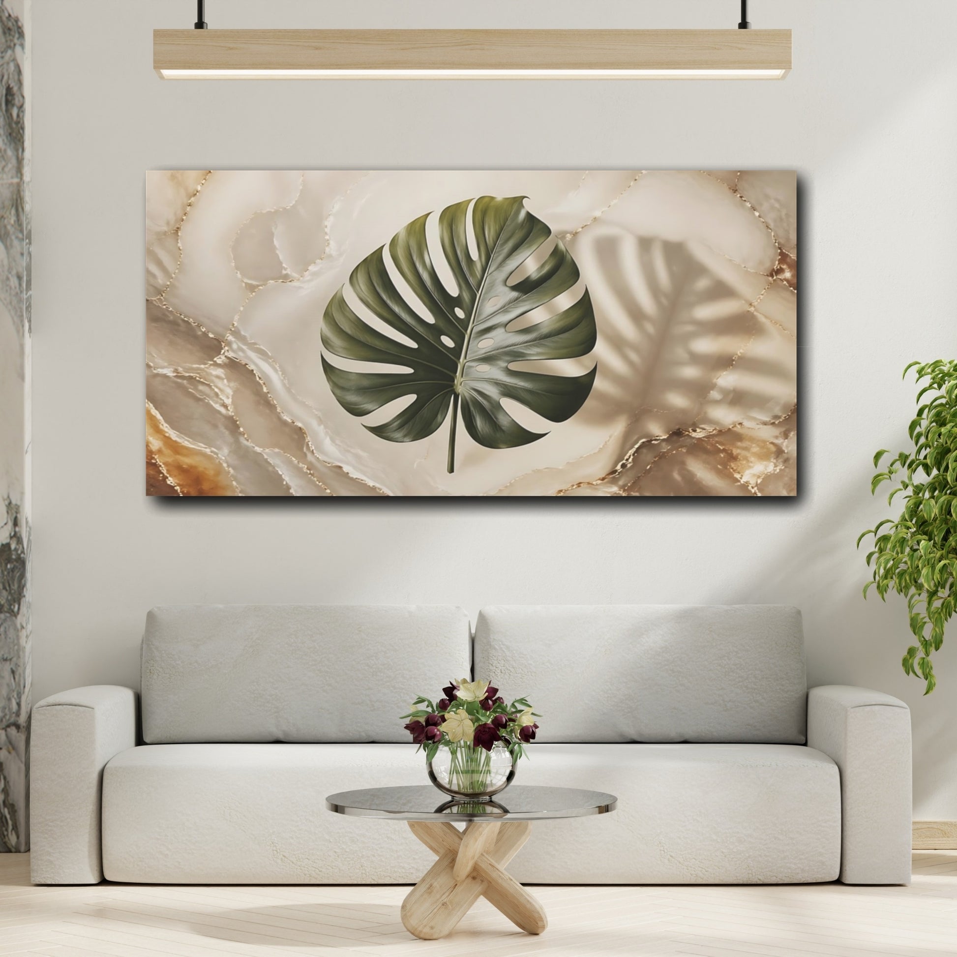 Mockup 3. Nature Monstera Leaf Green Gold Marble shown as stretched canvas wall art