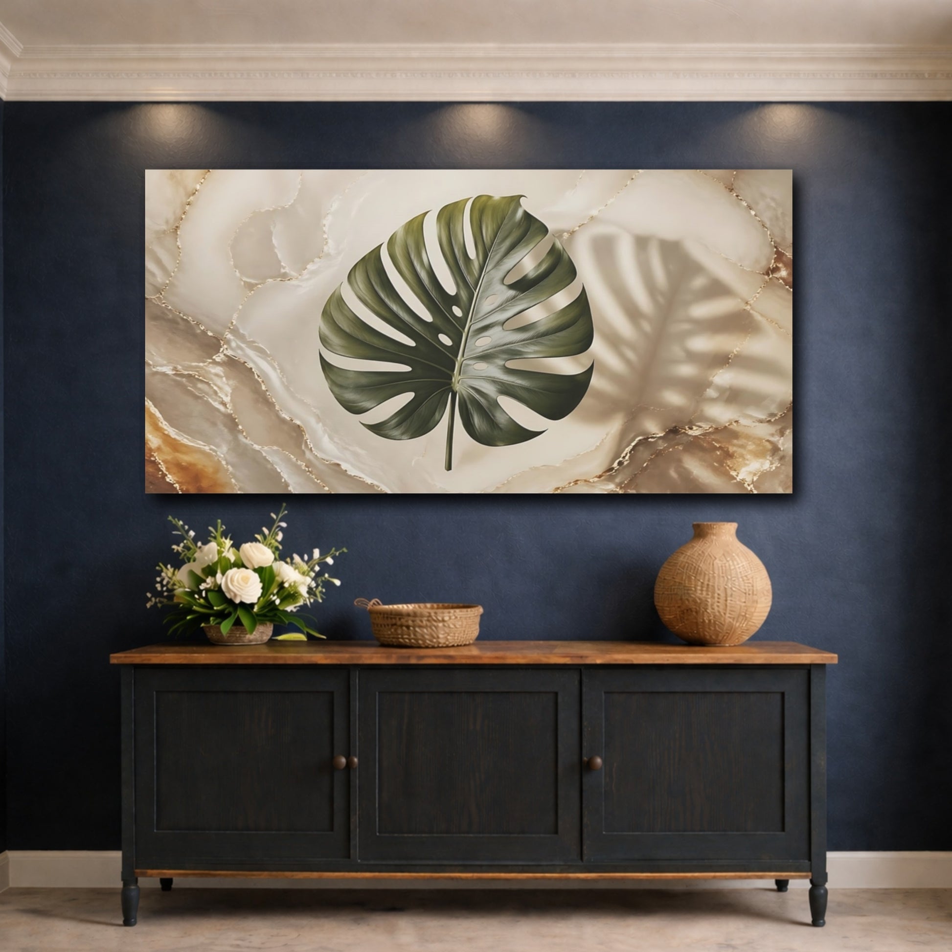 Mockup 4. Nature Monstera Leaf Green Gold Marble shown as stretched canvas wall art