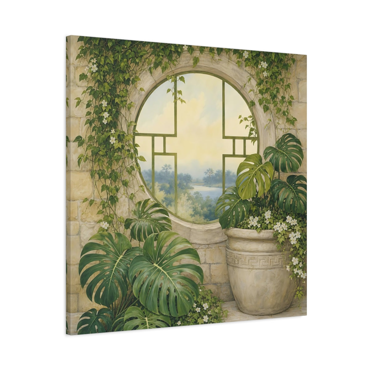 Main Mockup. Nature Monstera Plants Green And Stone shown as stretched canvas wall art