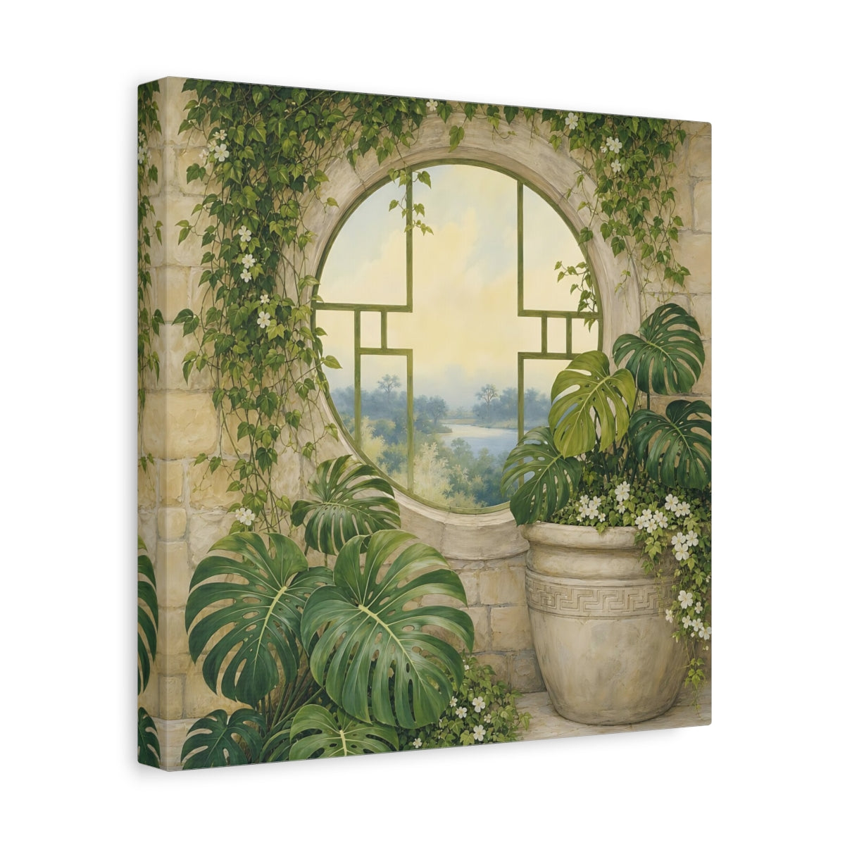 Side Mockup 8. Nature Monstera Plants Green And Stone shown as stretched canvas wall art