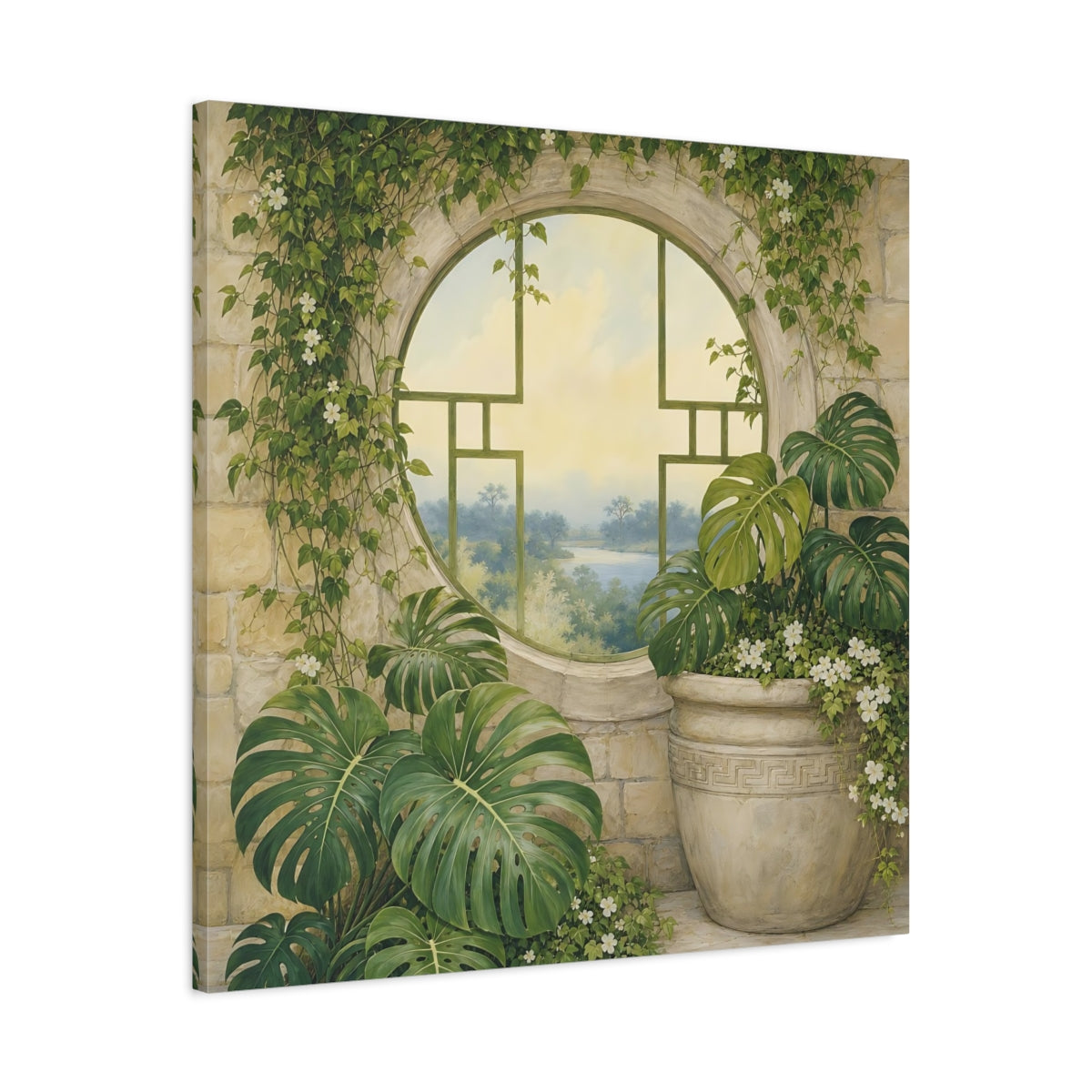 Side Mockup 3. Nature Monstera Plants Green And Stone shown as stretched canvas wall art