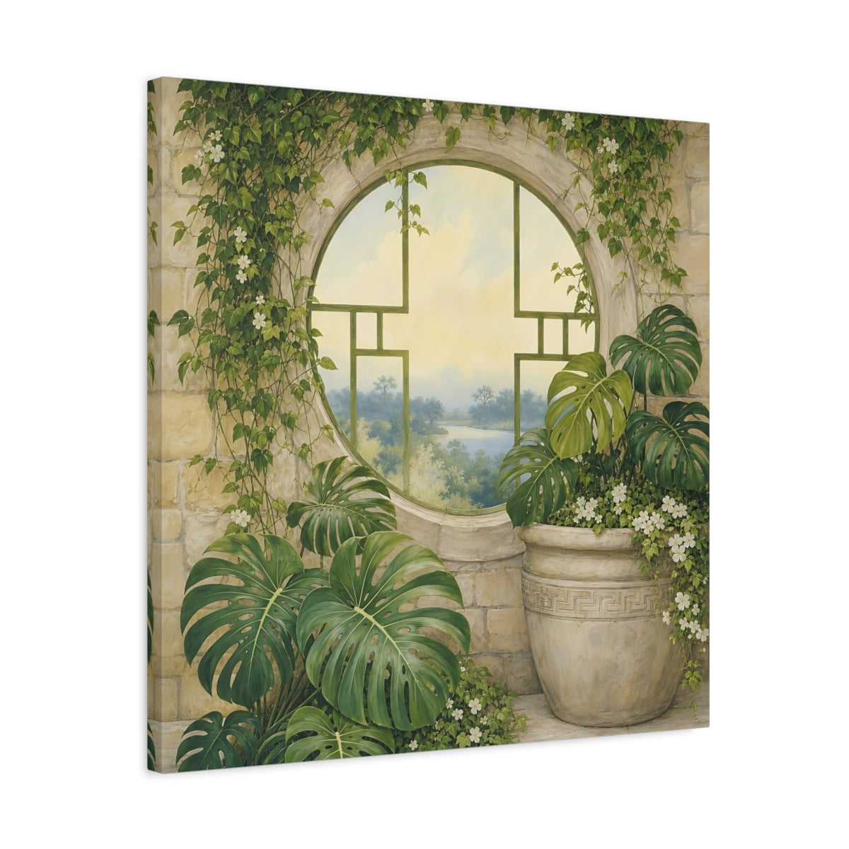 Side Mockup 4. Nature Monstera Plants Green And Stone shown as stretched canvas wall art