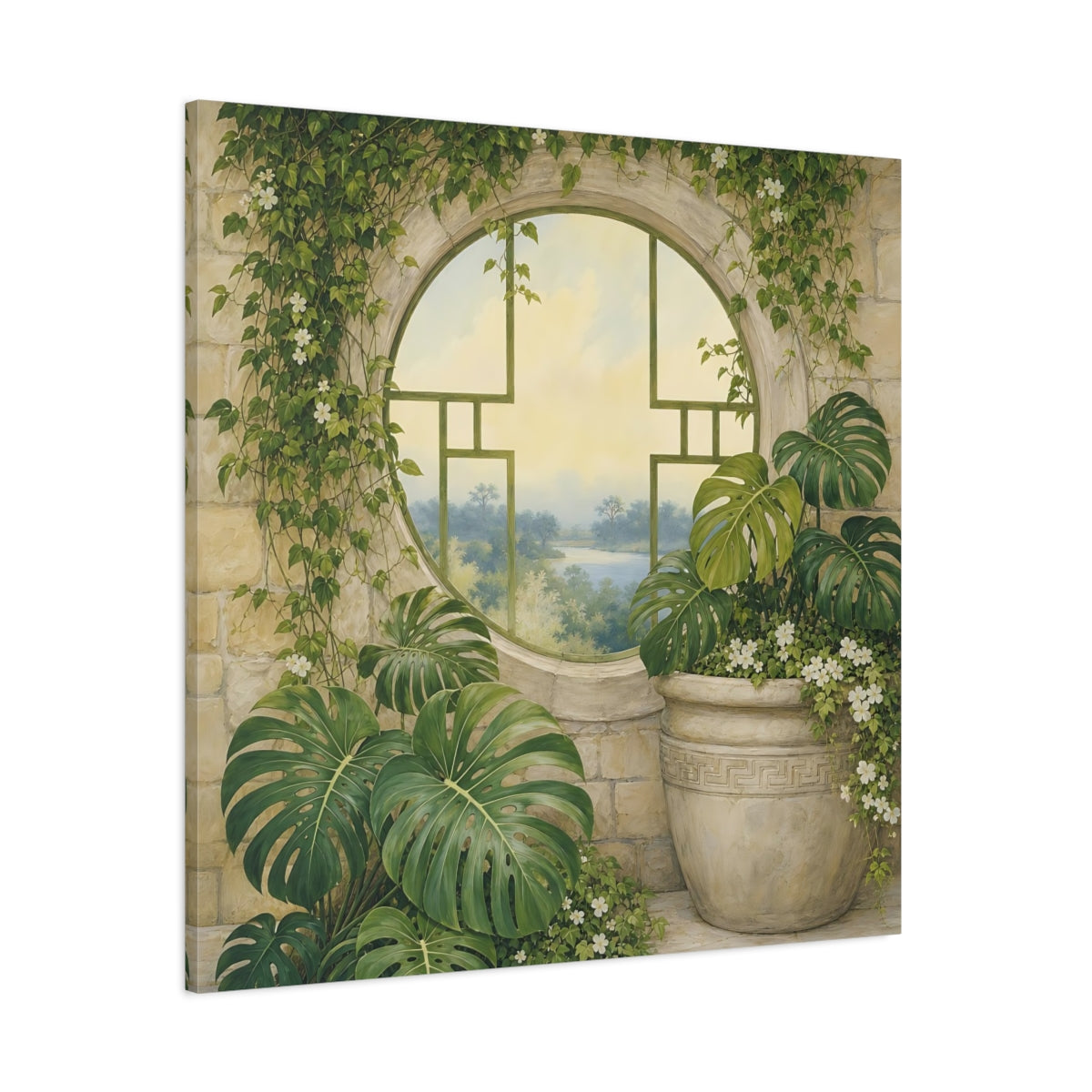 Side Mockup 1. Nature Monstera Plants Green And Stone shown as stretched canvas wall art