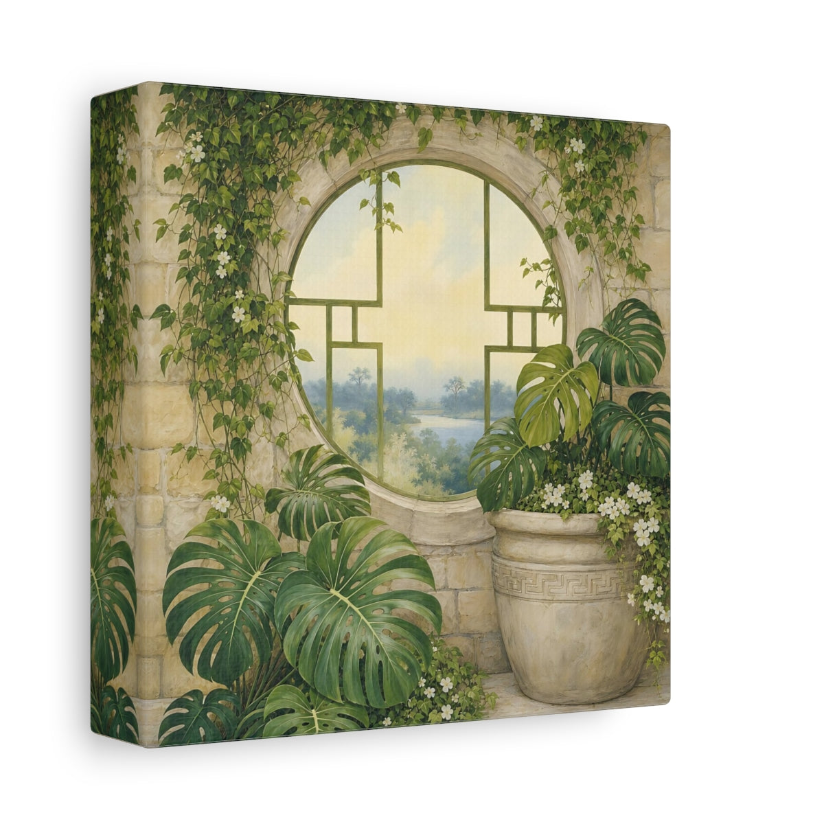 Side Mockup 2. Nature Monstera Plants Green And Stone shown as stretched canvas wall art