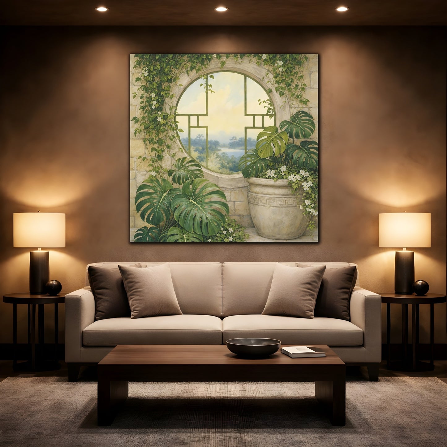 Mockup 2. Nature Monstera Plants Green And Stone shown as stretched canvas wall art