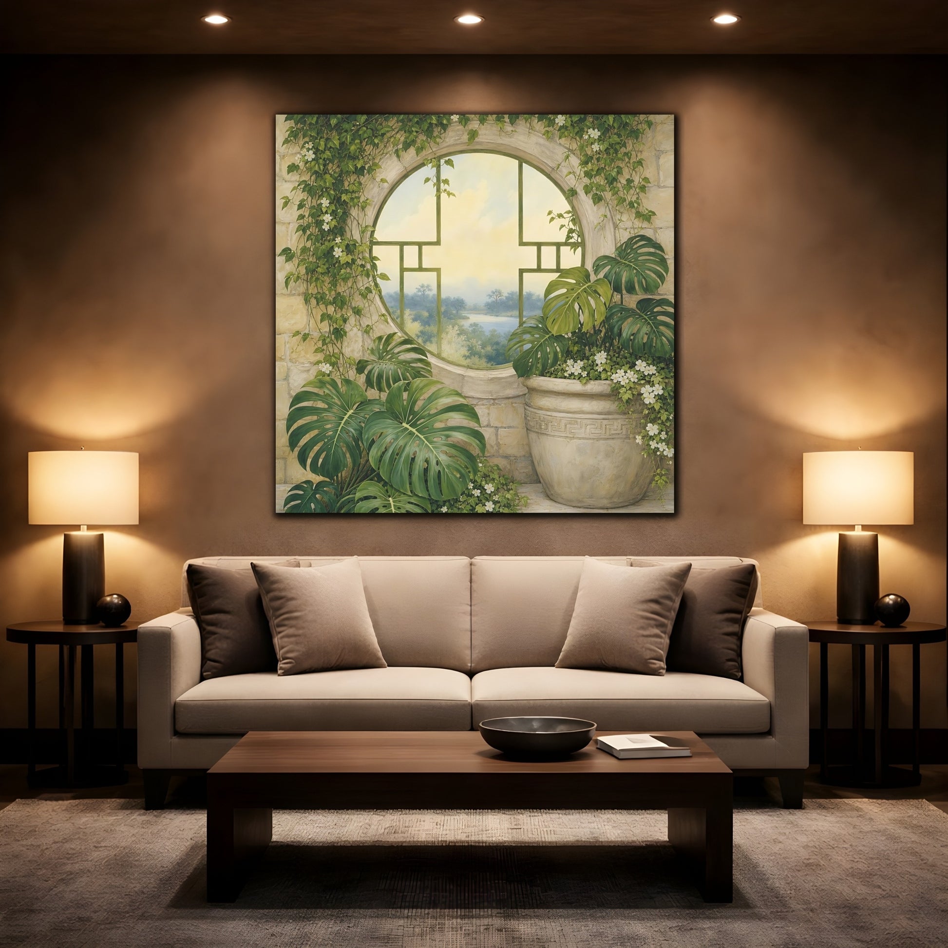 Mockup 2. Nature Monstera Plants Green And Stone shown as stretched canvas wall art