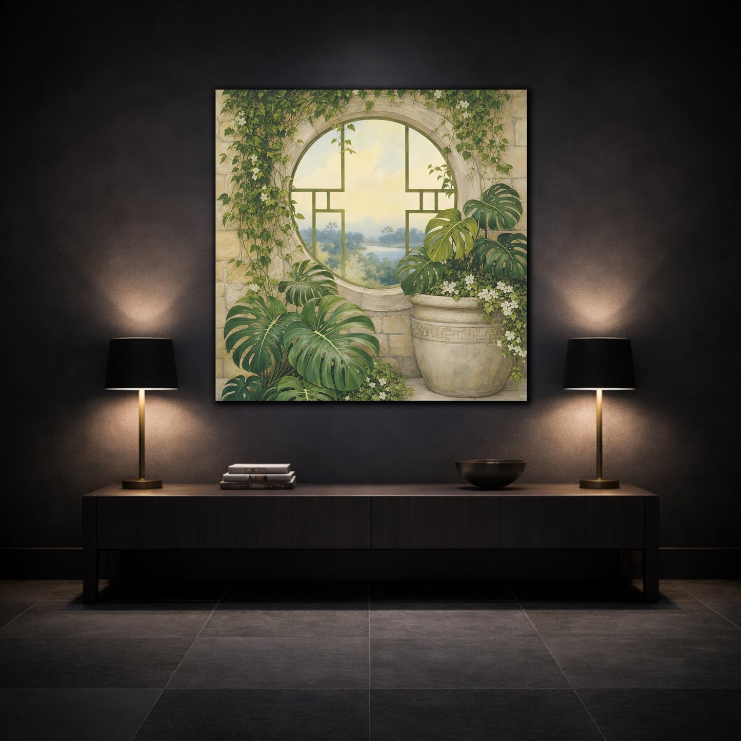 Mockup 3. Nature Monstera Plants Green And Stone shown as stretched canvas wall art