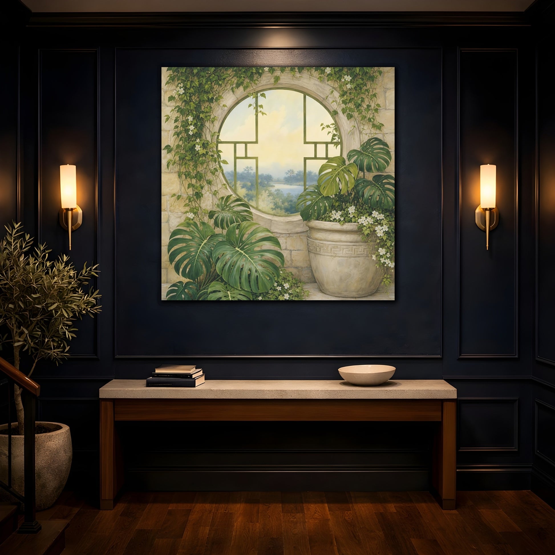 Mockup 4. Nature Monstera Plants Green And Stone shown as stretched canvas wall art