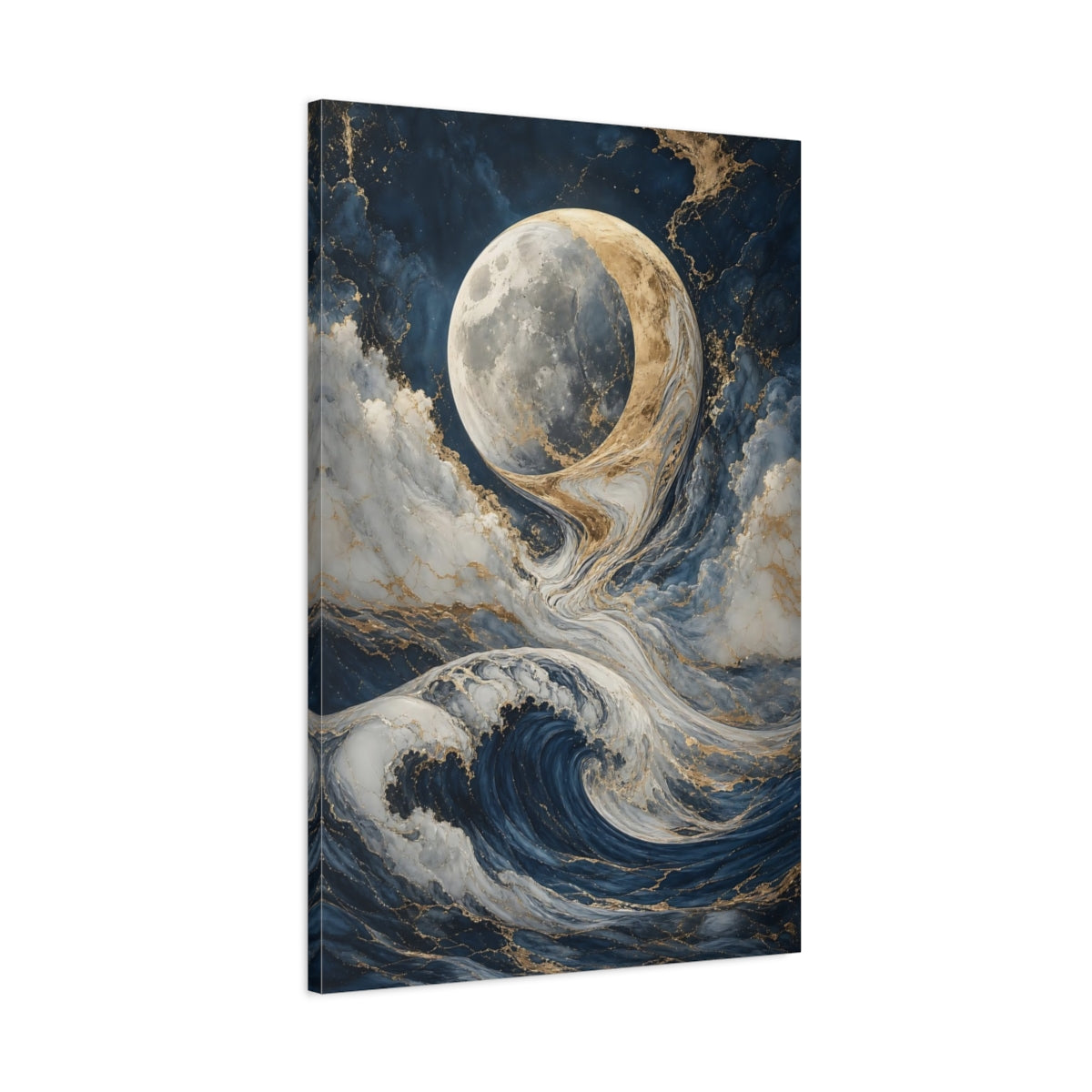 Main Mockup. Nature Moon And Waves Blue And Gold shown as stretched canvas wall art