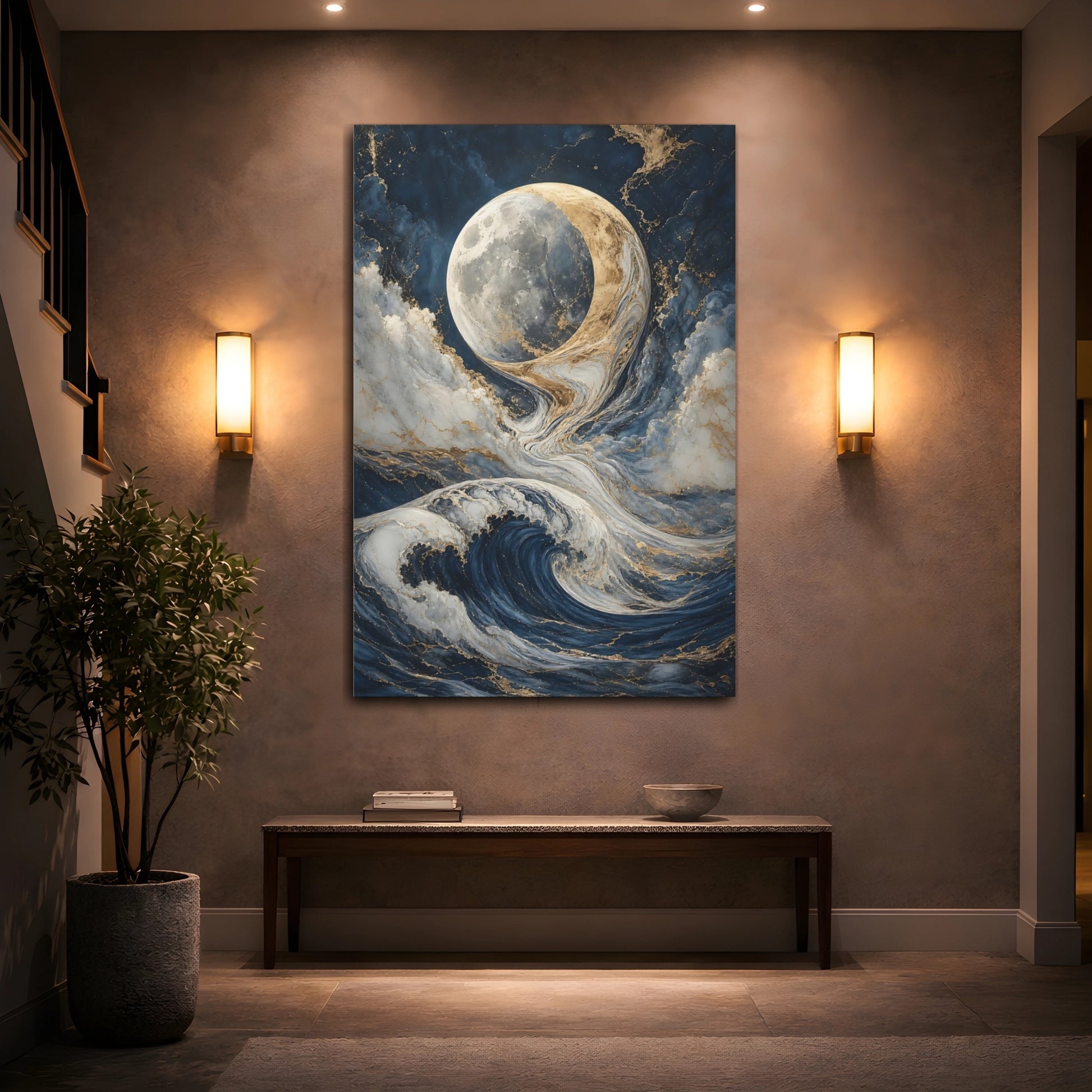 Mockup 2. Nature Moon And Waves Blue And Gold shown as stretched canvas wall art