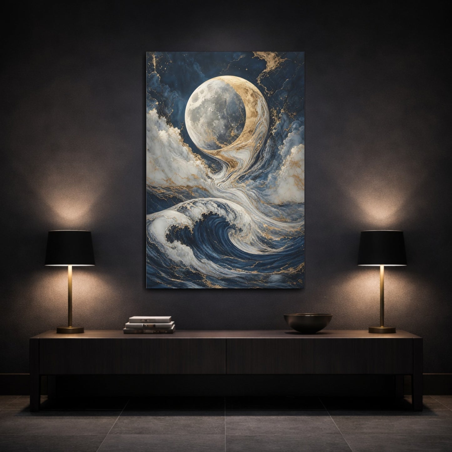 Mockup 3. Nature Moon And Waves Blue And Gold shown as stretched canvas wall art