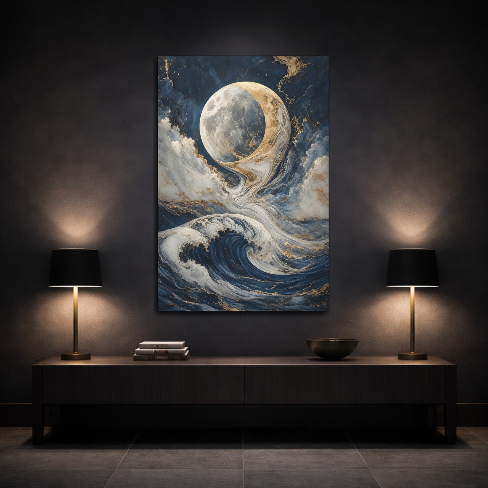 Mockup 3. Nature Moon And Waves Blue And Gold shown as stretched canvas wall art
