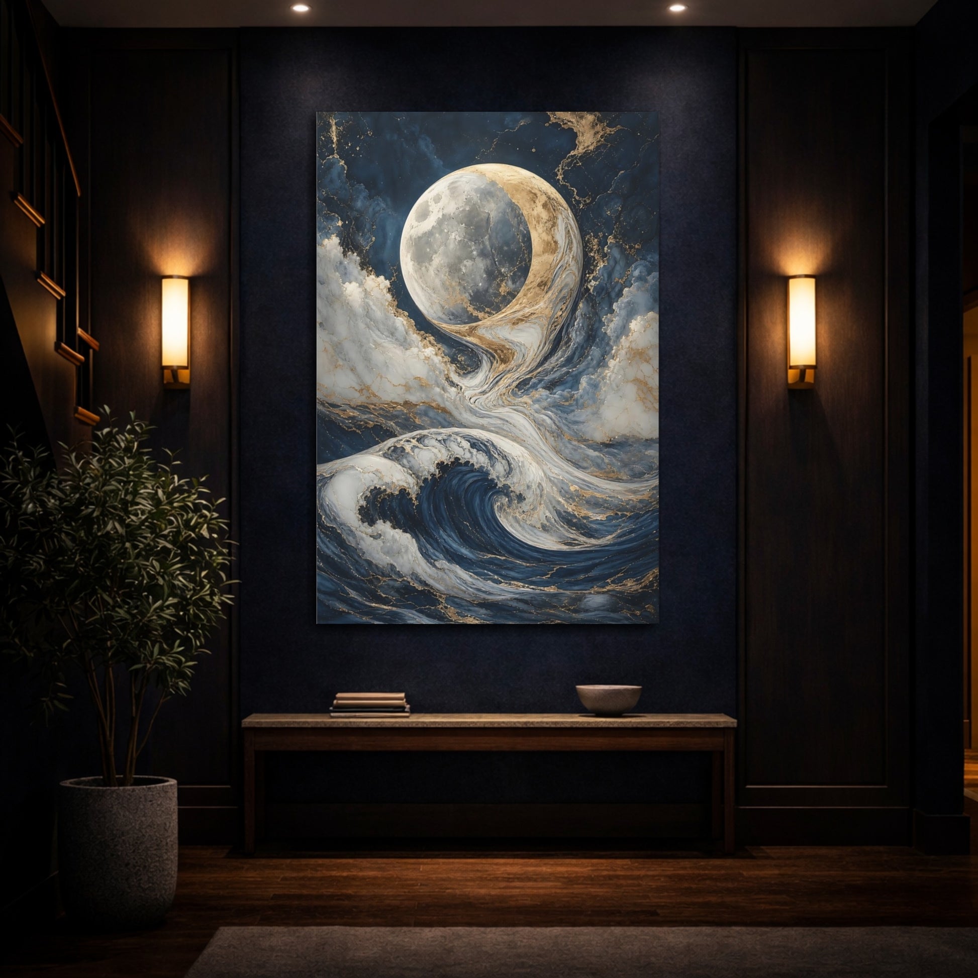 Mockup 4. Nature Moon And Waves Blue And Gold shown as stretched canvas wall art