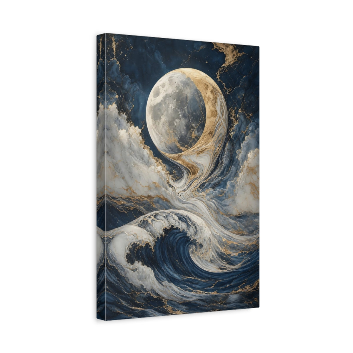 Side Mockup 4. Nature Moon And Waves Blue And Gold shown as stretched canvas wall art