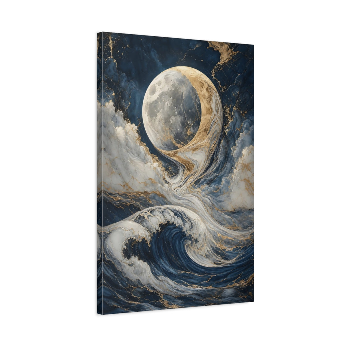 Side Mockup 2. Nature Moon And Waves Blue And Gold shown as stretched canvas wall art