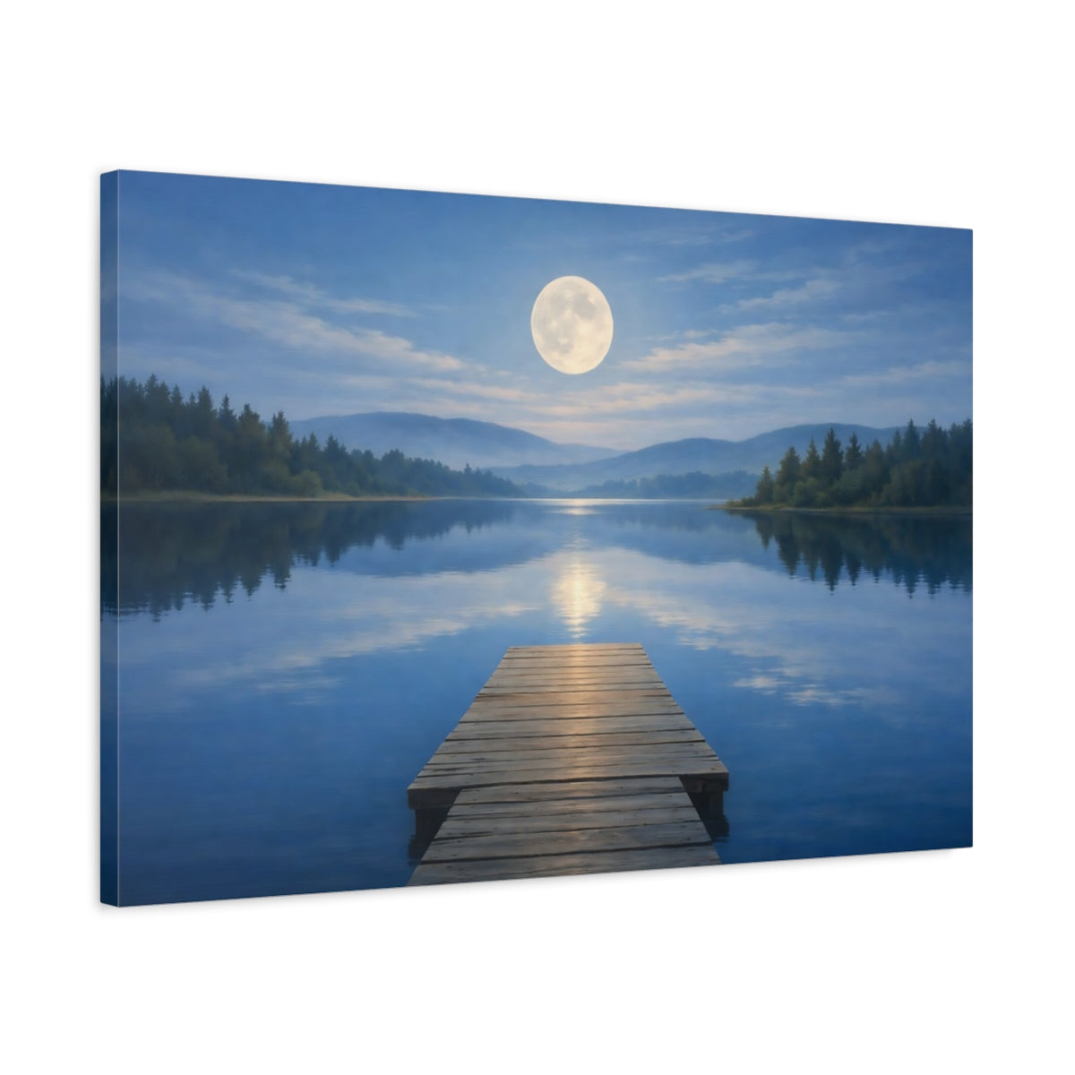 Side Mockup 2. Nature Moon Blue Lake Moon shown as stretched canvas wall art