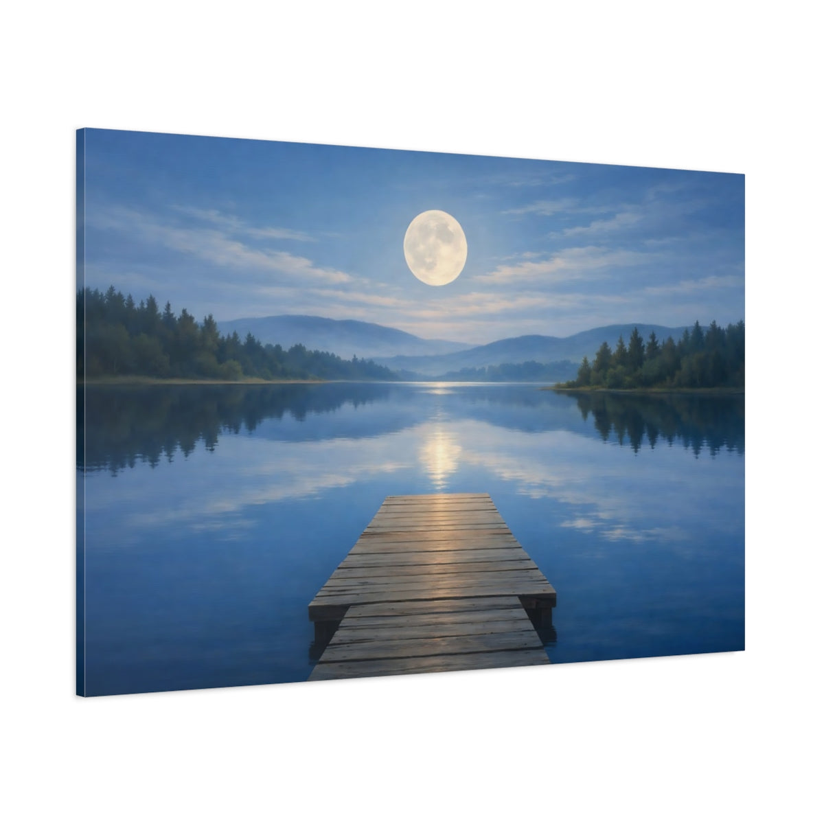Side Mockup 1. Nature Moon Blue Lake Moon shown as stretched canvas wall art