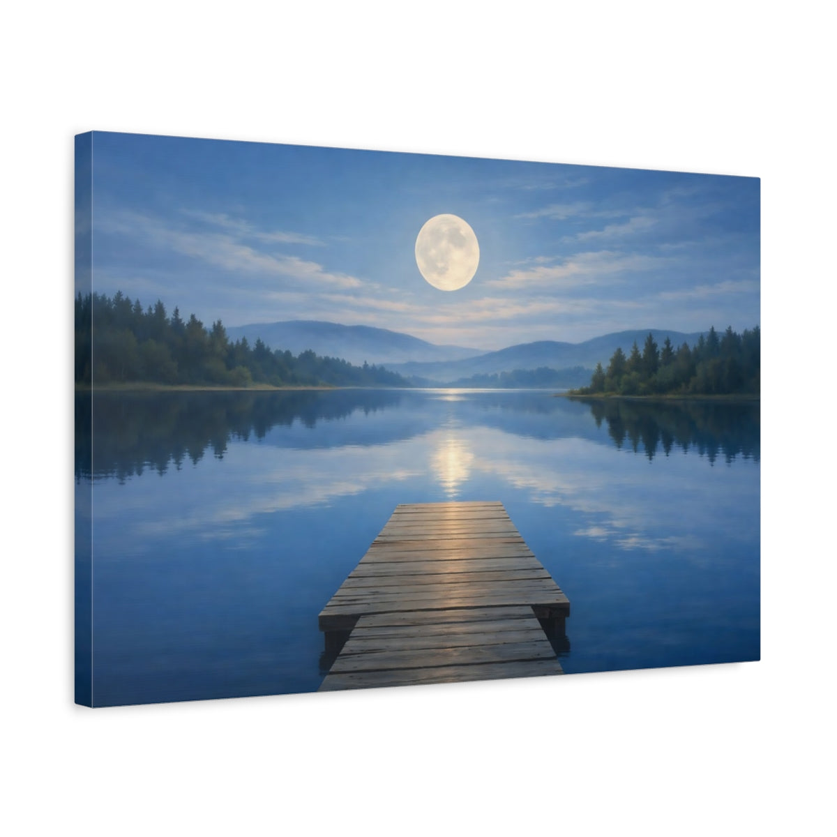 Side Mockup 3. Nature Moon Blue Lake Moon shown as stretched canvas wall art