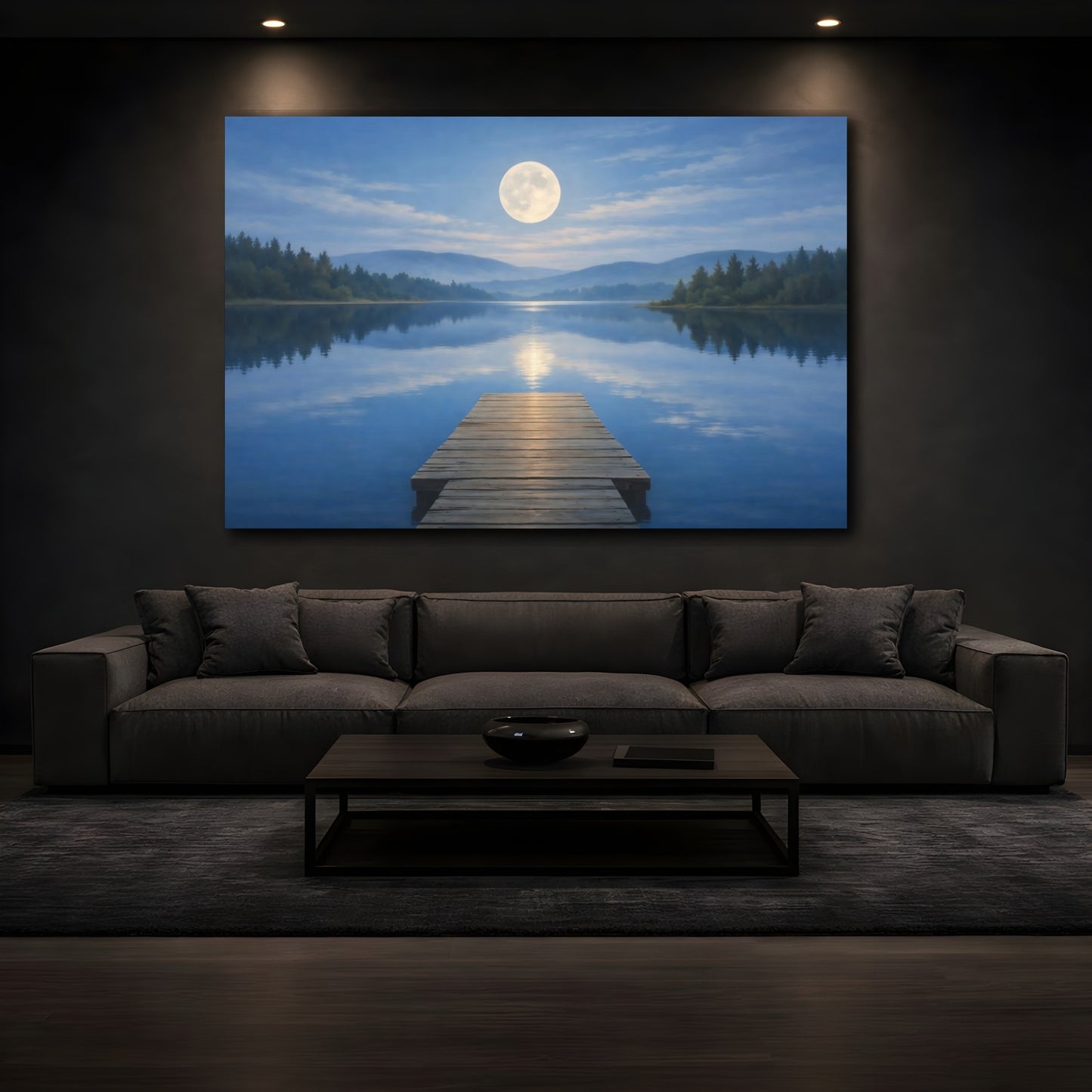 Mockup 2. Nature Moon Blue Lake Moon shown as stretched canvas wall art