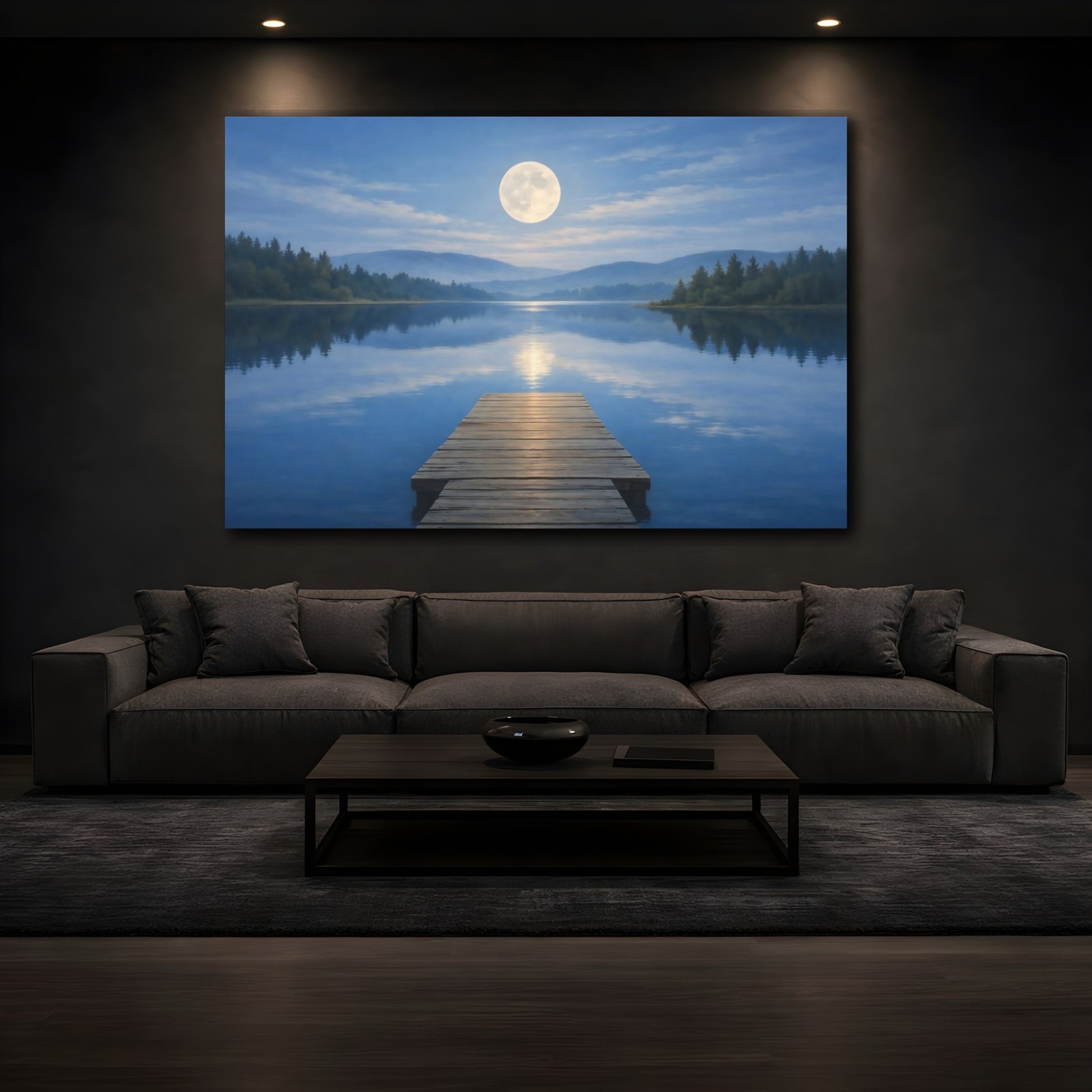 Mockup 2. Nature Moon Blue Lake Moon shown as stretched canvas wall art