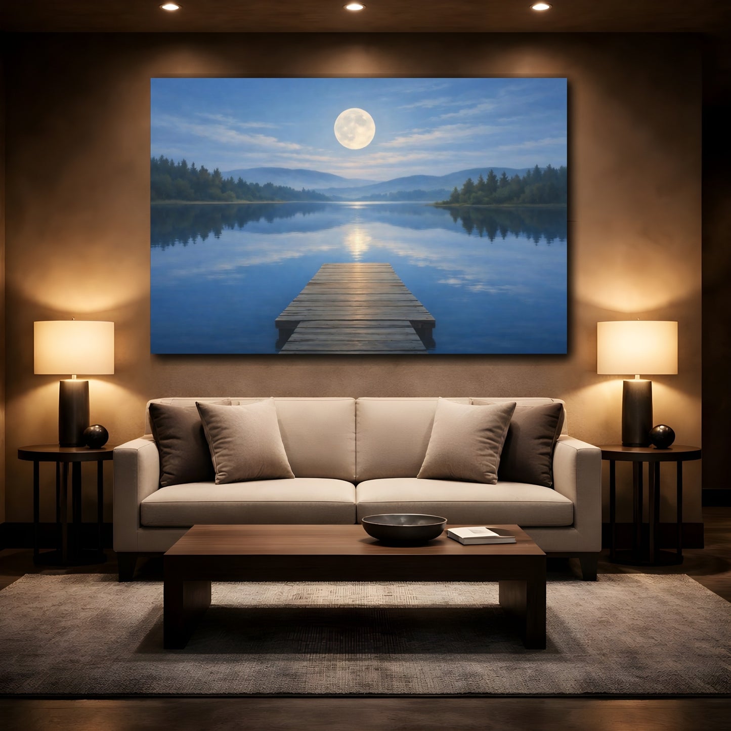 Mockup 3. Nature Moon Blue Lake Moon shown as stretched canvas wall art