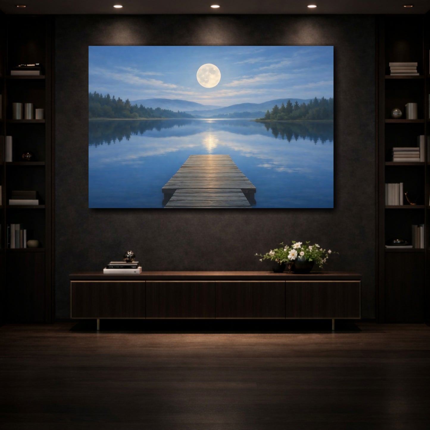 Mockup 4. Nature Moon Blue Lake Moon shown as stretched canvas wall art